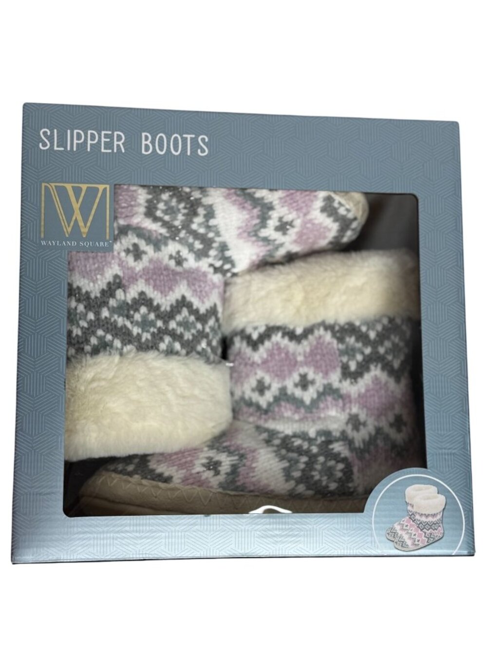 Wayland Square Womens 7-8 Purple Fair Isle Slipper Boots Faux Fur Cozy Winter